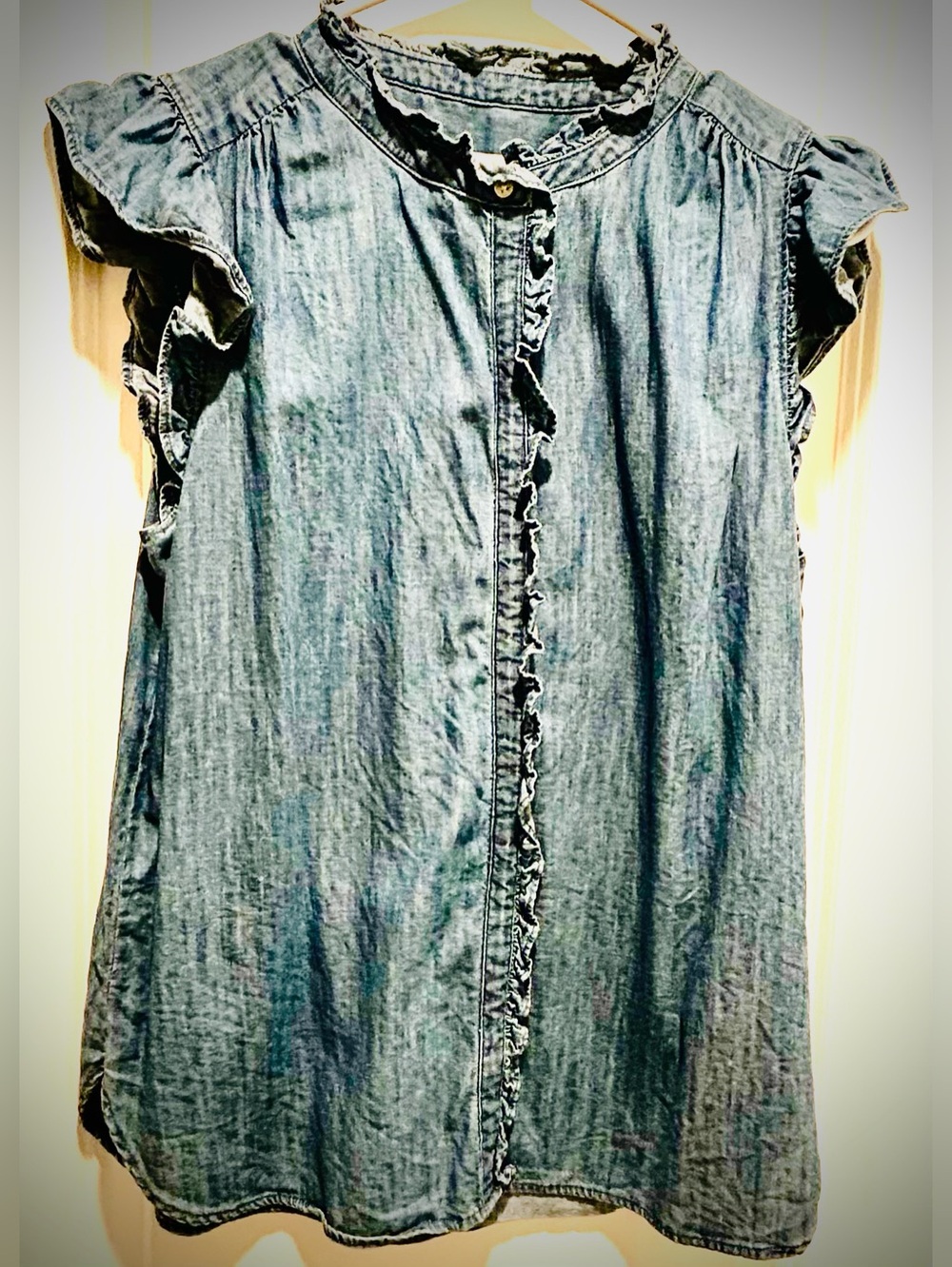 LOFT Blue Sleeveless Chambray Ruffle Collar Top Shirt Preppy Academic Casual